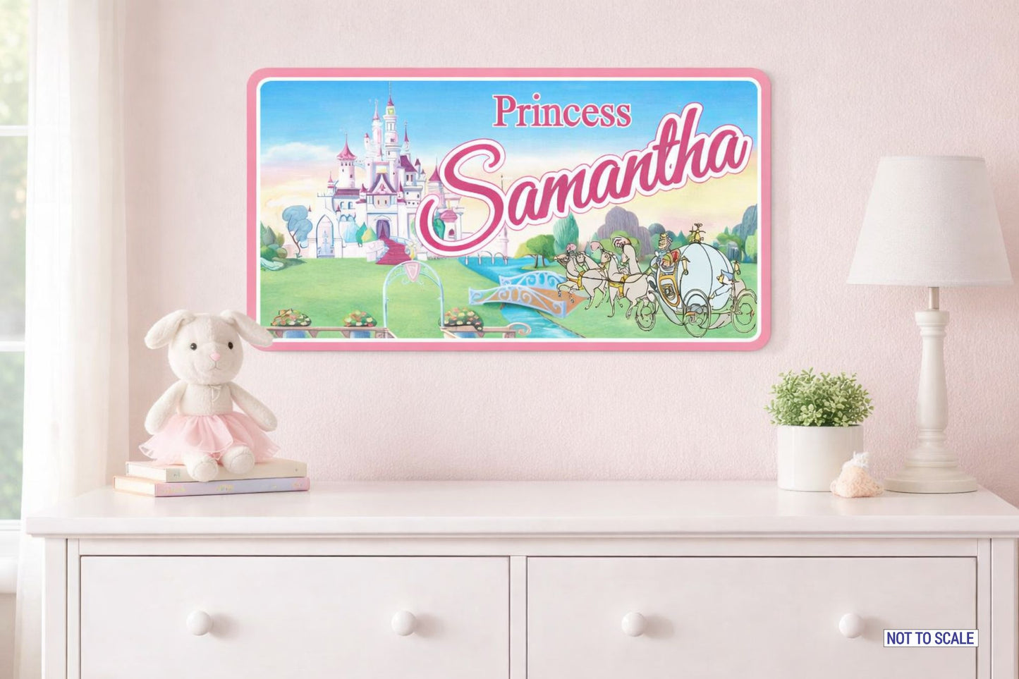 princess name sign shown mounted above dresser in nursery lifestyle scene