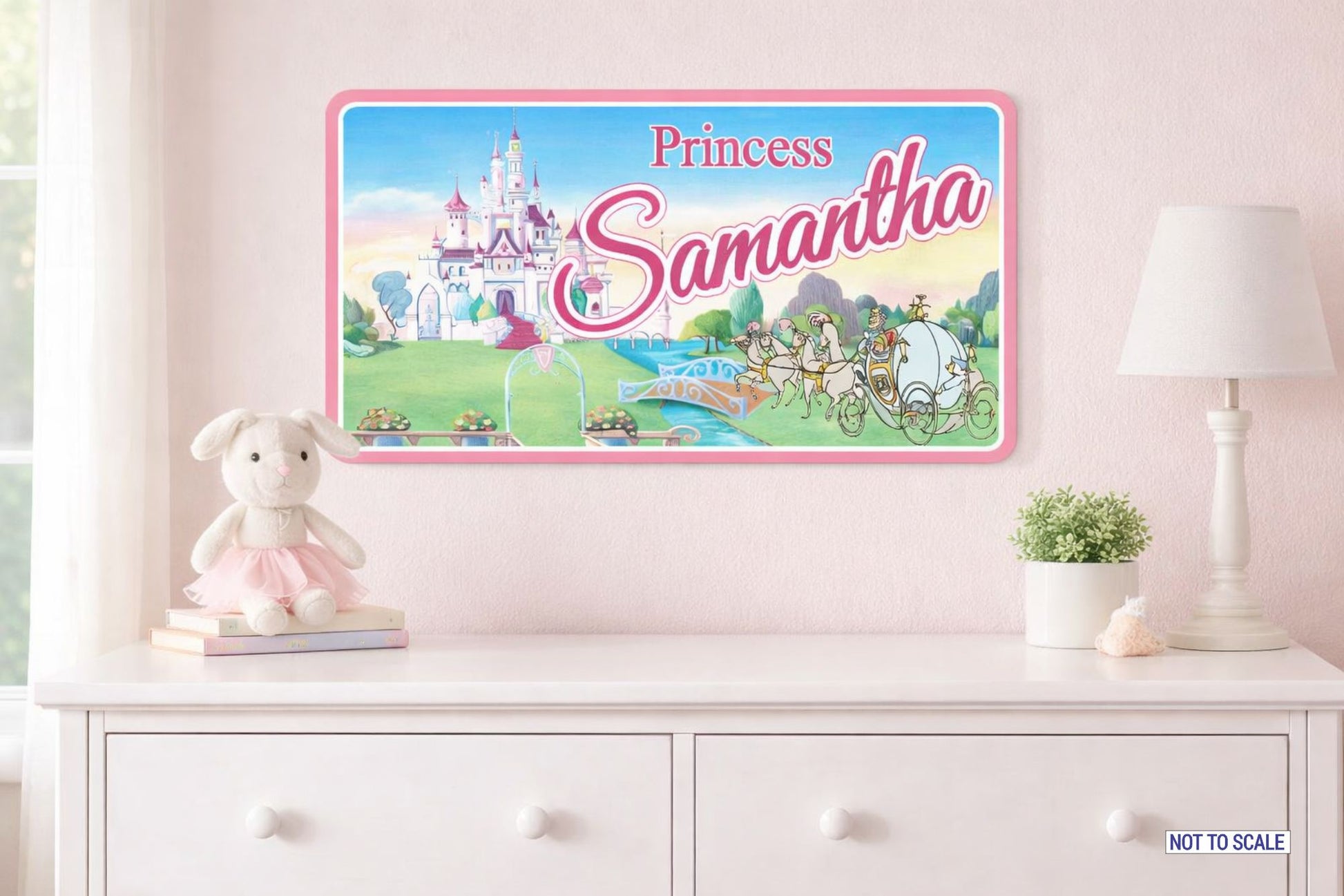 princess name sign shown mounted above dresser in nursery lifestyle scene
