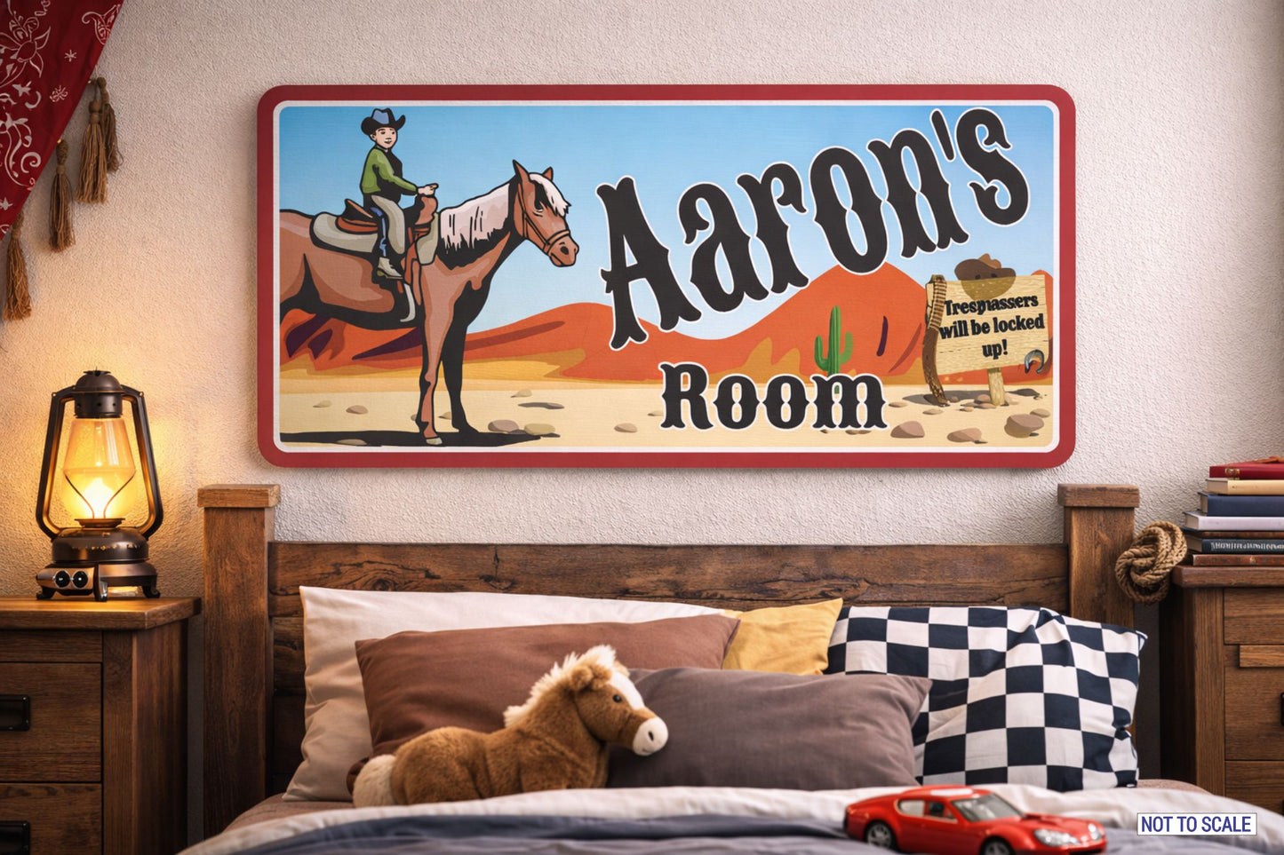 western themed kids bedroom wall sign above bed with cowboy design