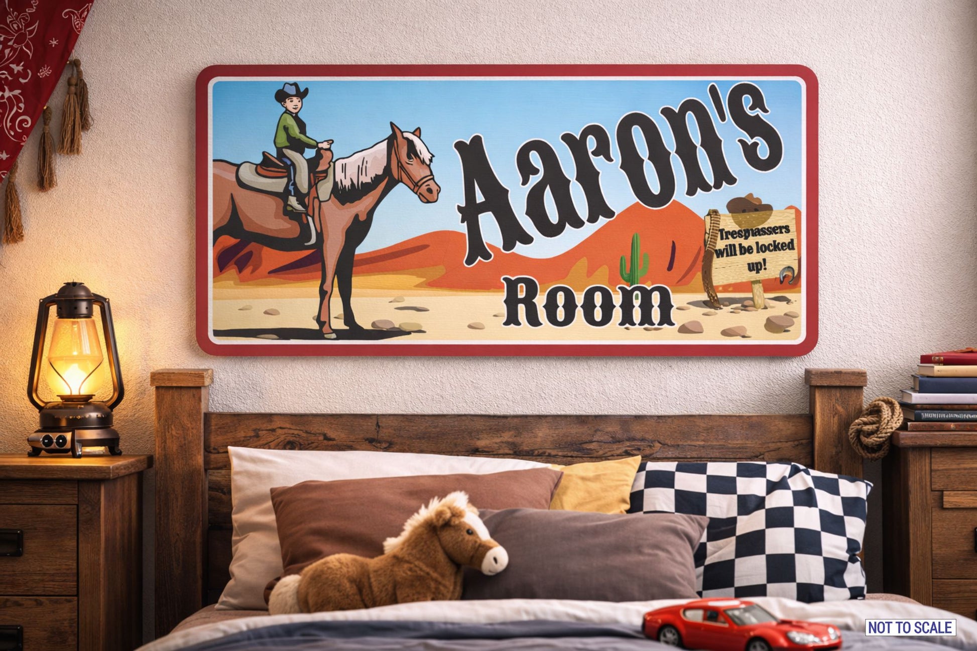 western themed kids bedroom wall sign above bed with cowboy design