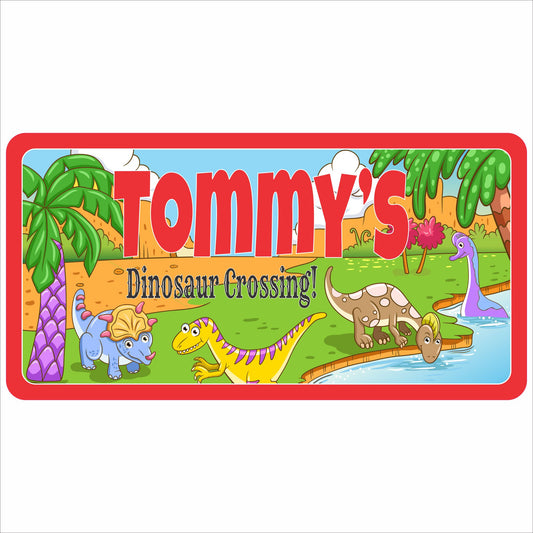 Personalized dinosaur kids room sign with custom name Tommy’s Dinosaur Crossing