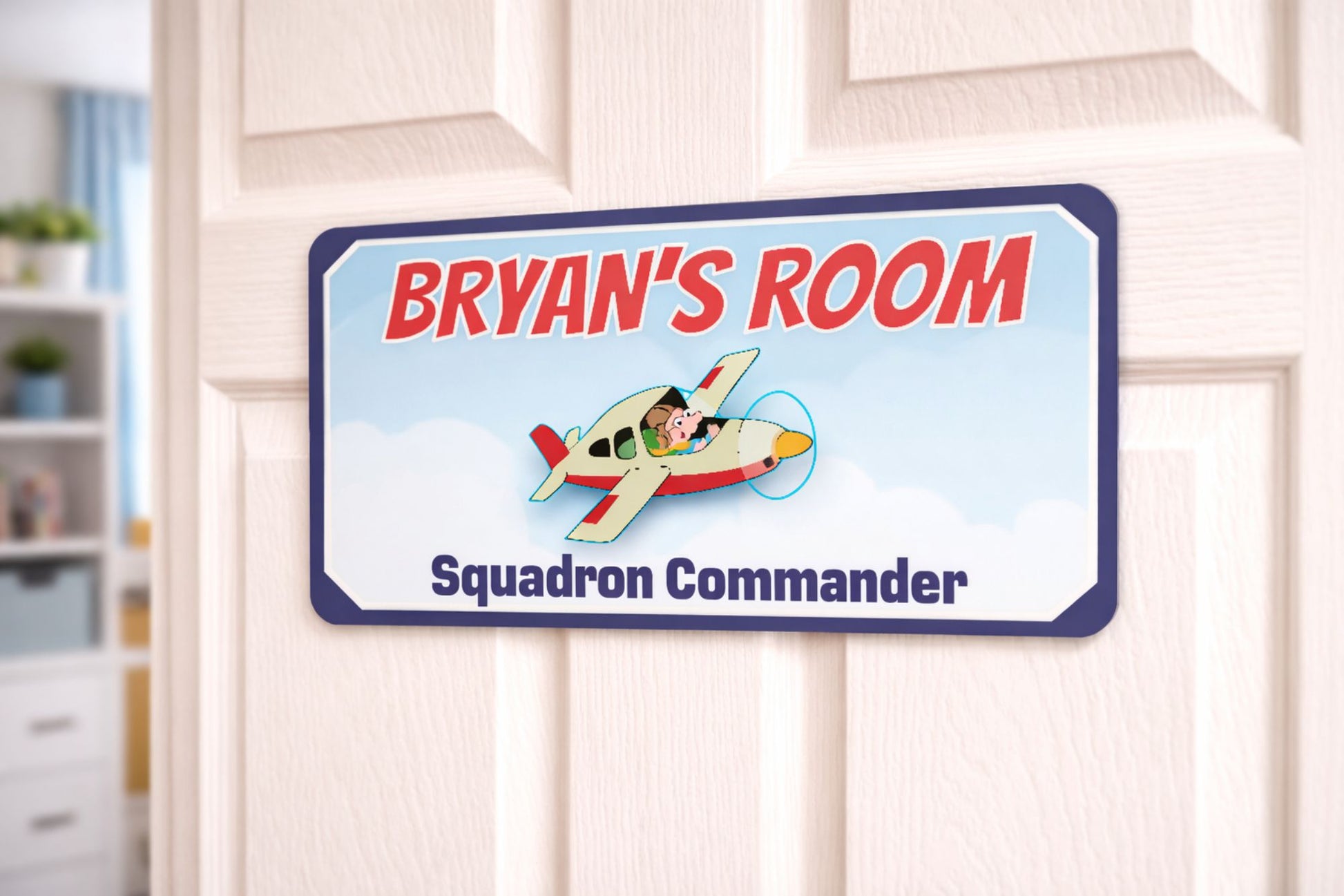 Aviation themed custom kids name sign mounted on bedroom door