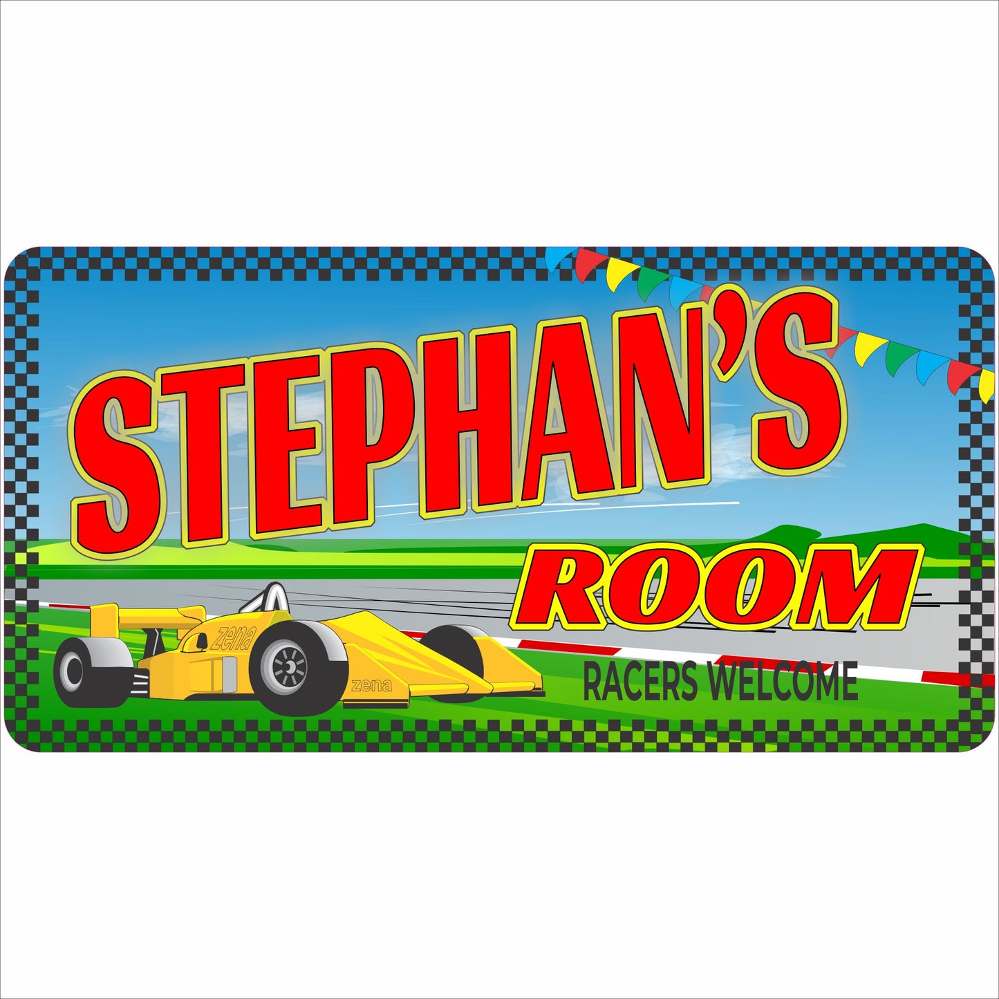 personalized race car kids room name sign track theme
