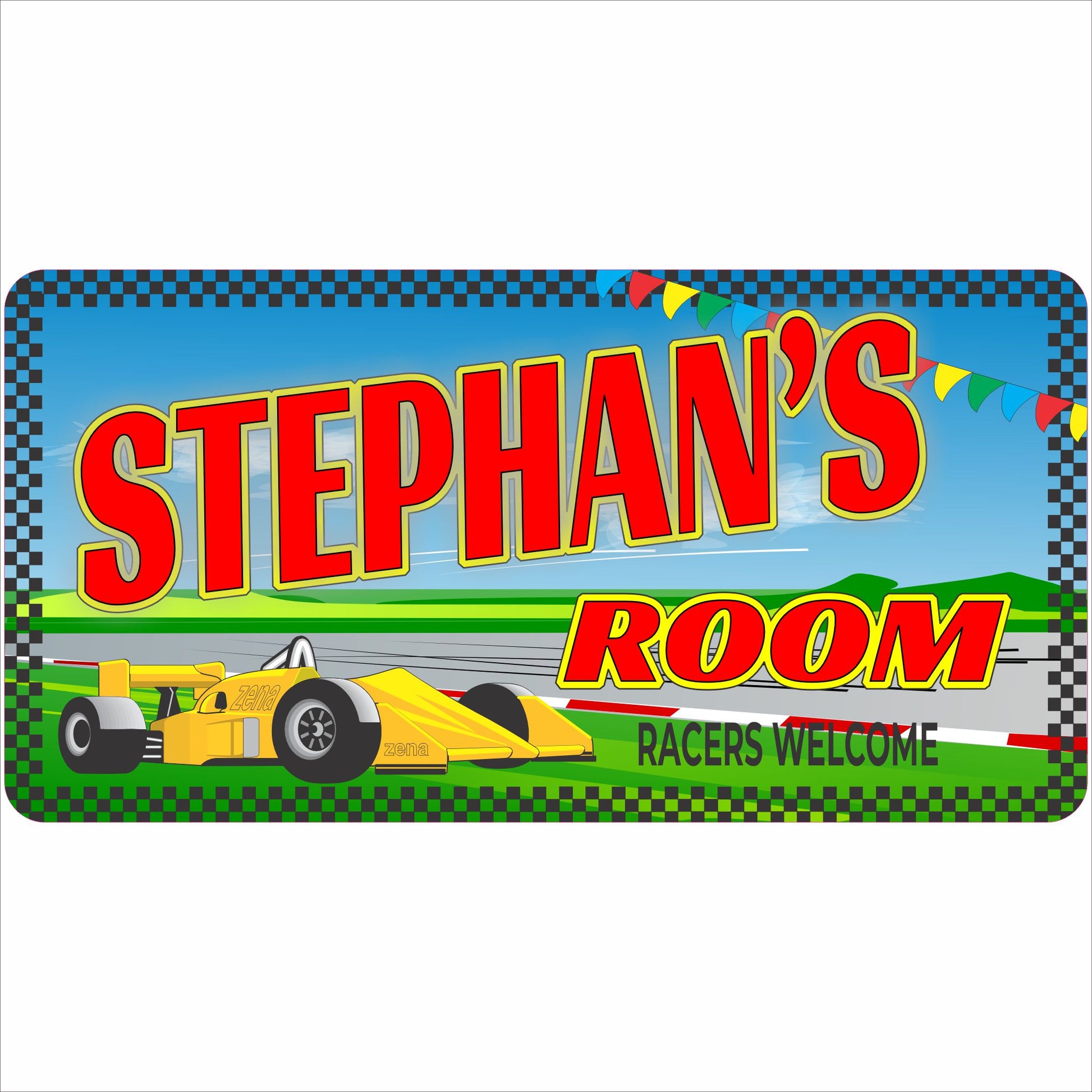 personalized race car kids room name sign track theme