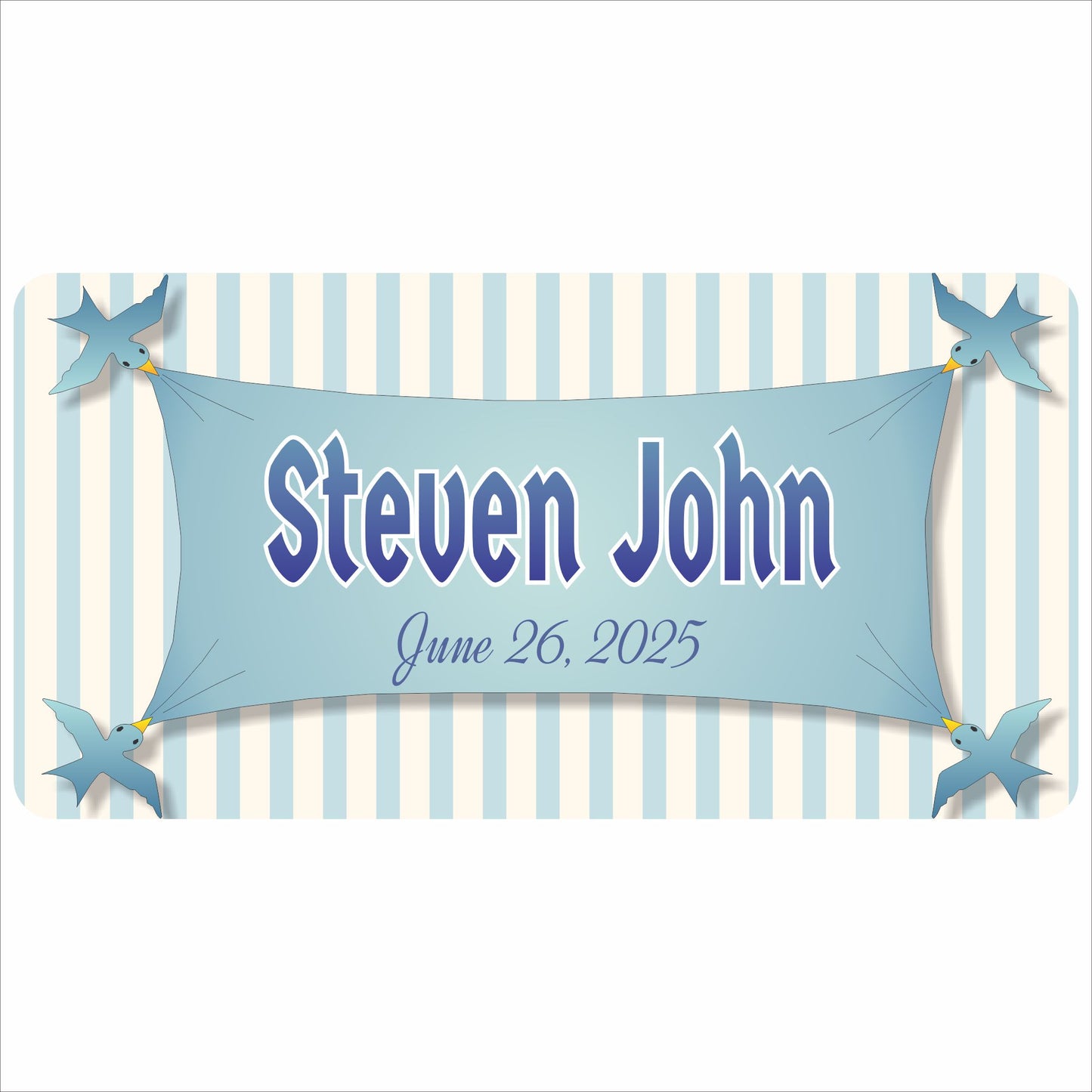 Personalized baby name banner sign with birds and birth date on striped background