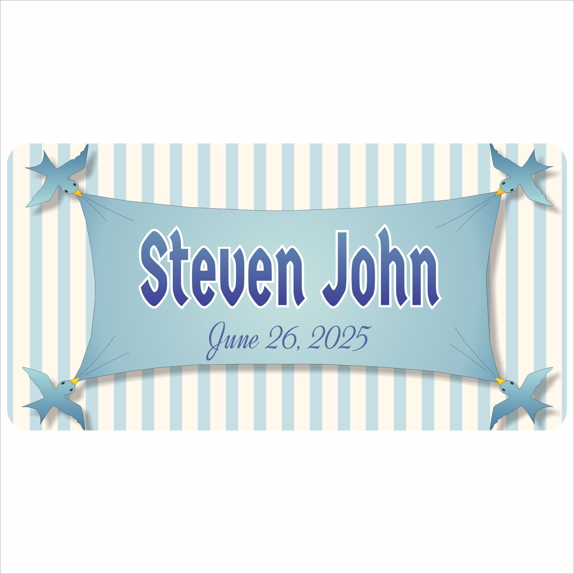 Personalized baby name banner sign with birds and birth date on striped background