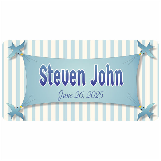 Personalized baby name banner sign with birds and birth date on striped background