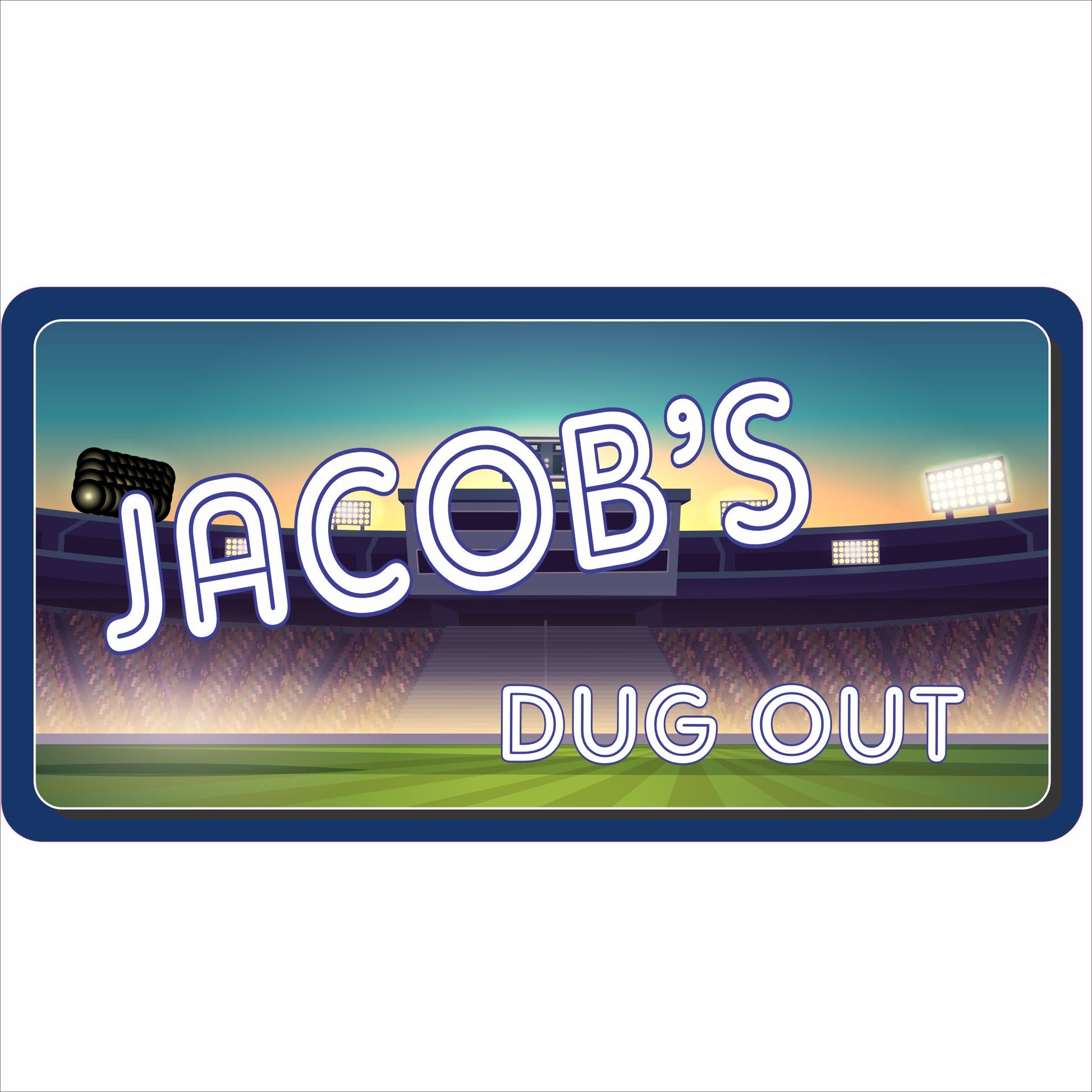 personalized baseball dugout kids room door sign with stadium background