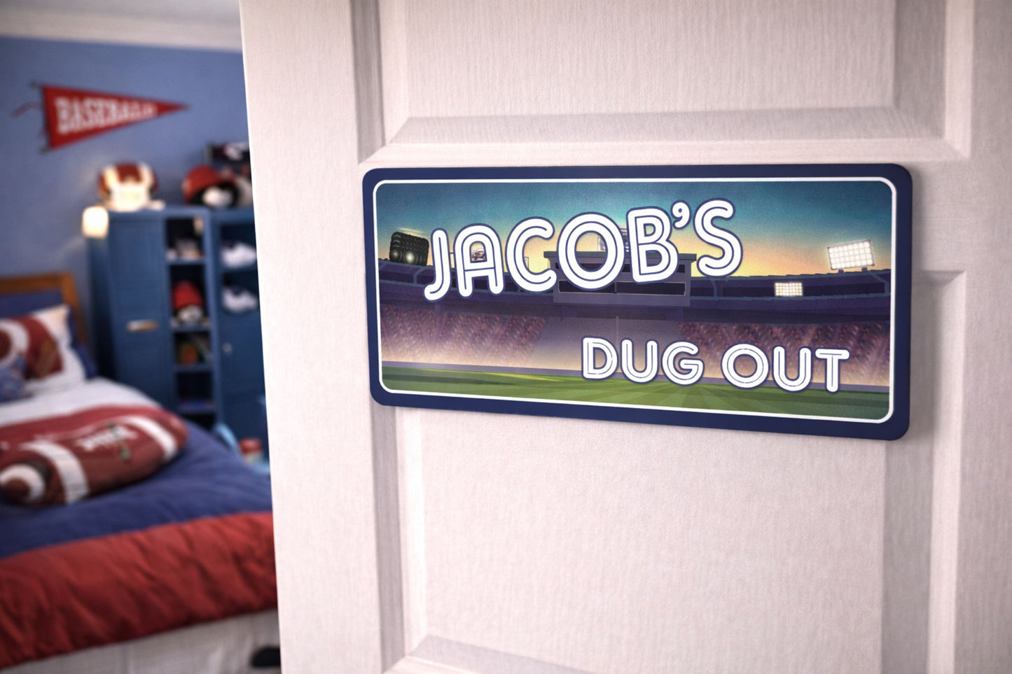 baseball kids room sign mounted on bedroom door lifestyle scene