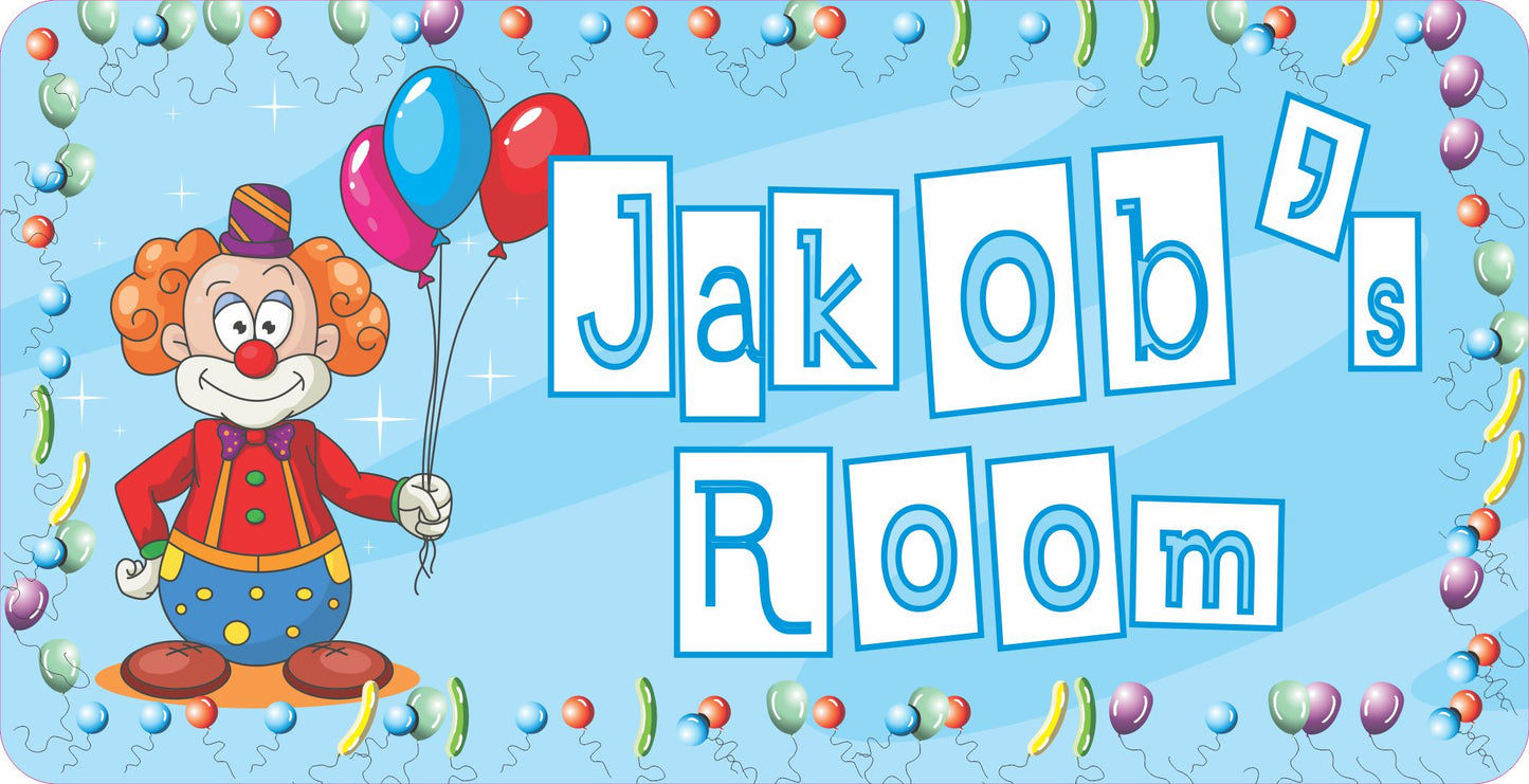 Blue color variation of personalized clown theme kids room door sign