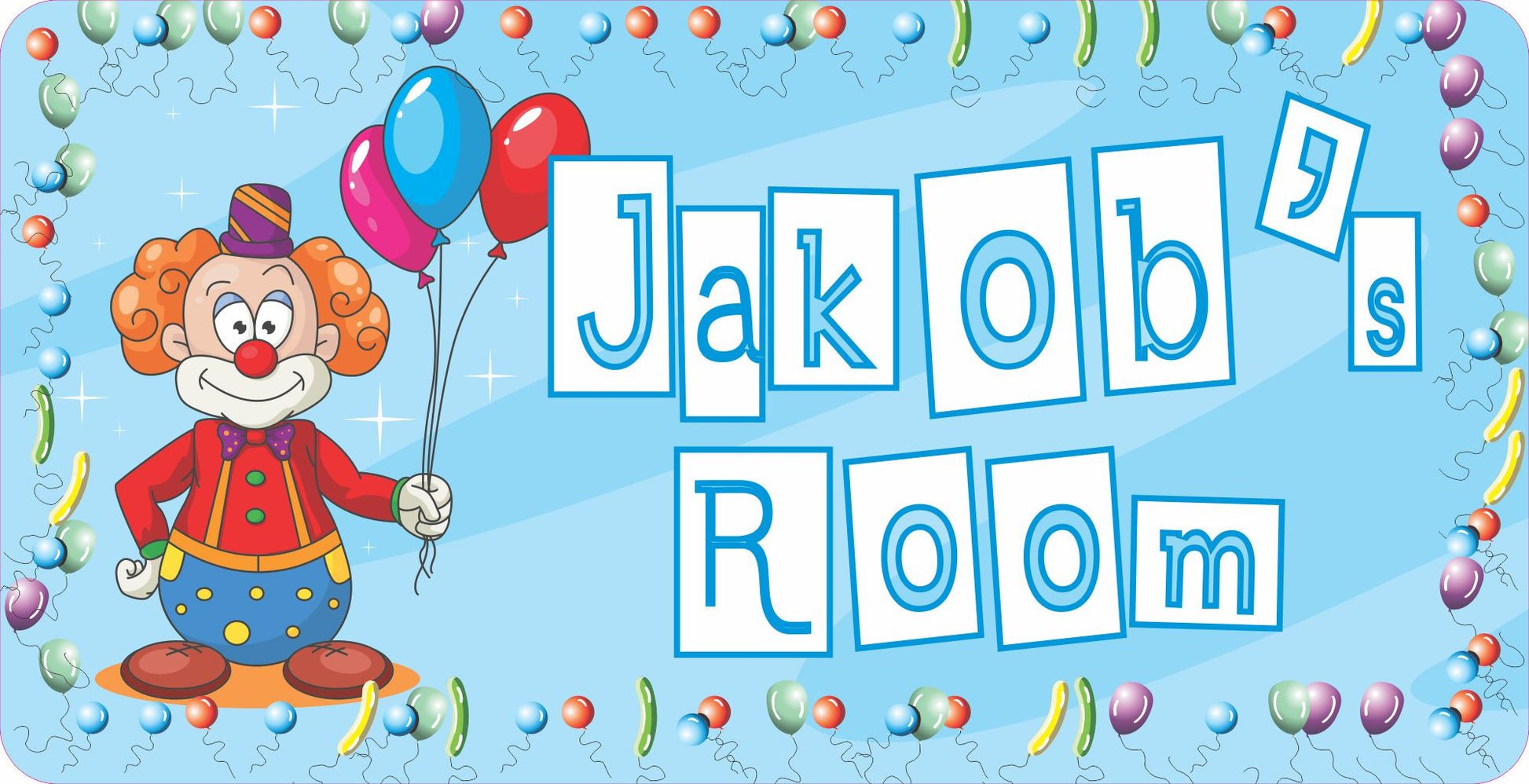 Blue color variation of personalized clown theme kids room door sign