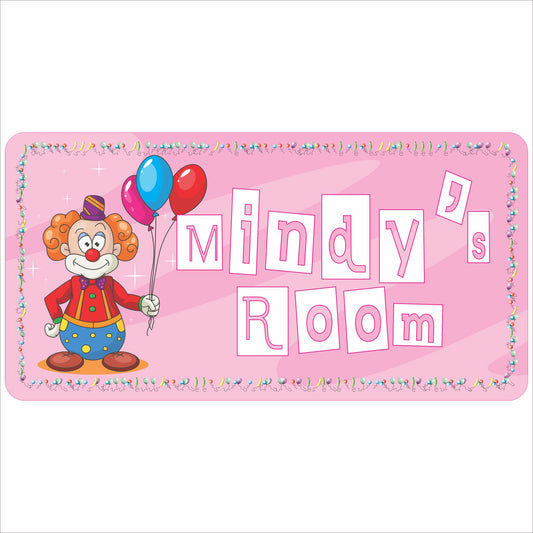 Personalized clown kids room sign in pink mounted on a bedroom door with playful party theme decor