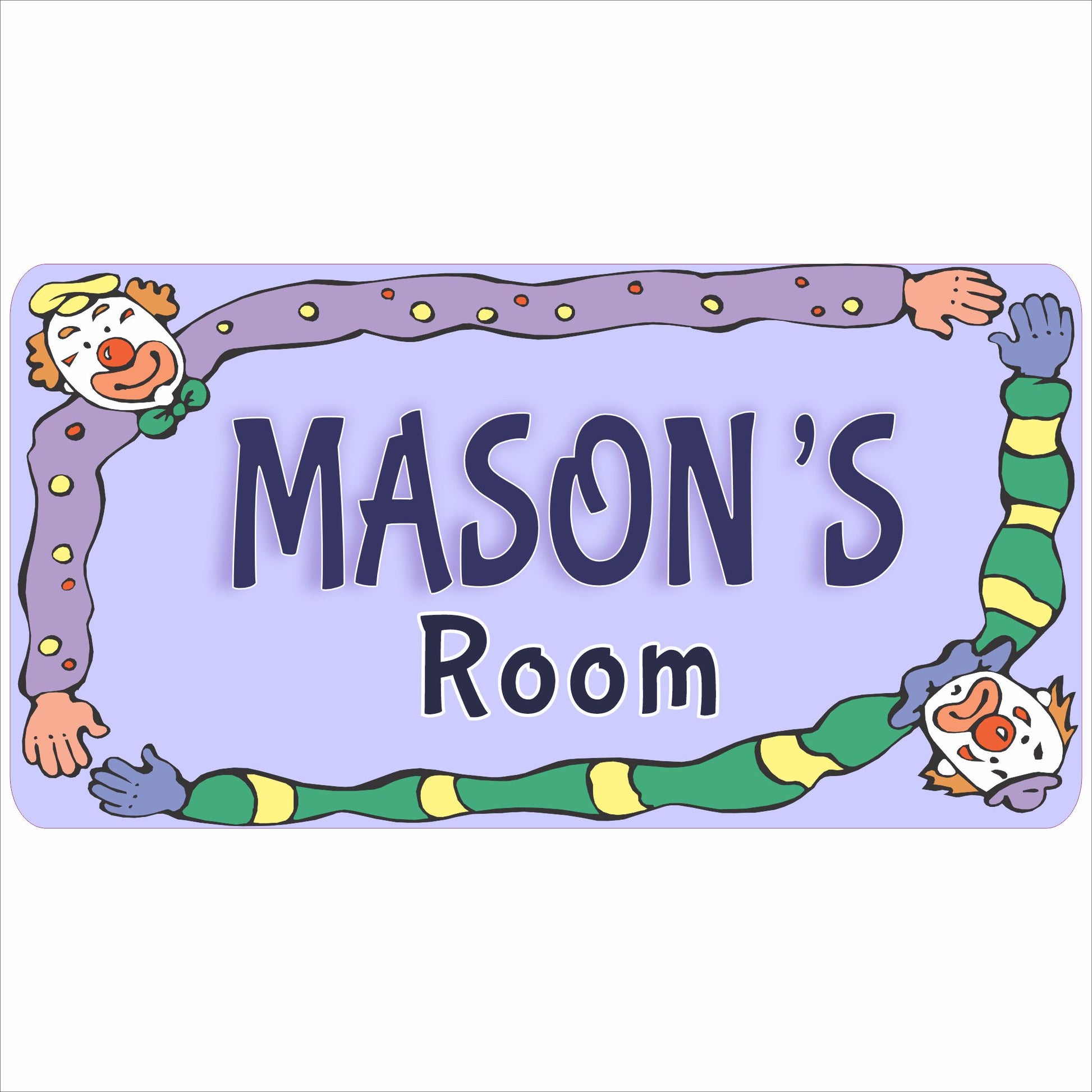 Personalized clown kids room sign with playful circus characters and custom name text