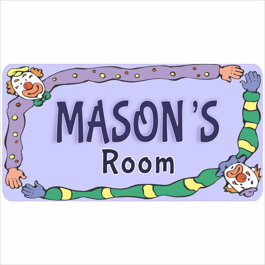 Personalized clown kids room sign with playful circus characters and custom name text