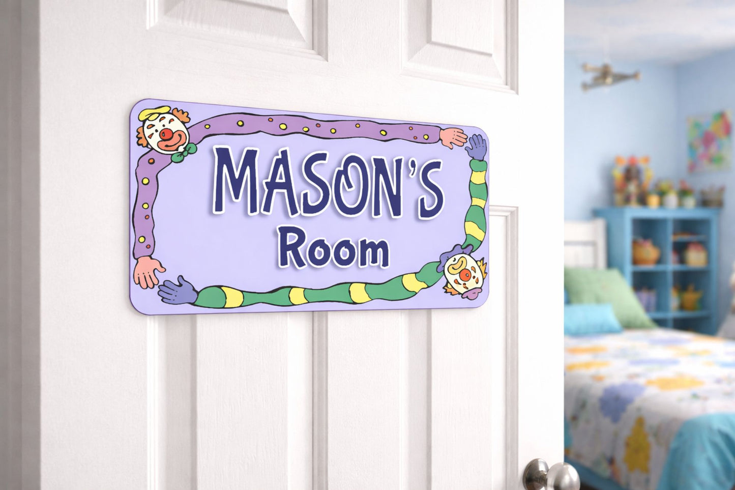 Circus themed personalized kids door sign mounted on a bedroom door