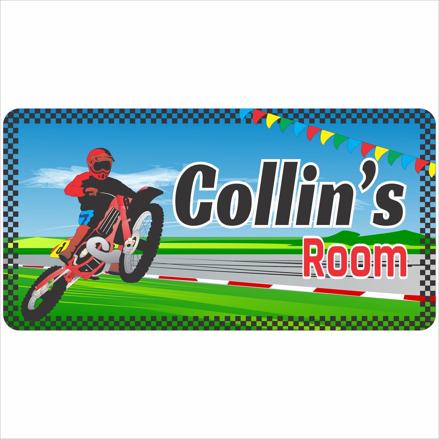Motocross kids room name sign with dirt bike rider and racing track background