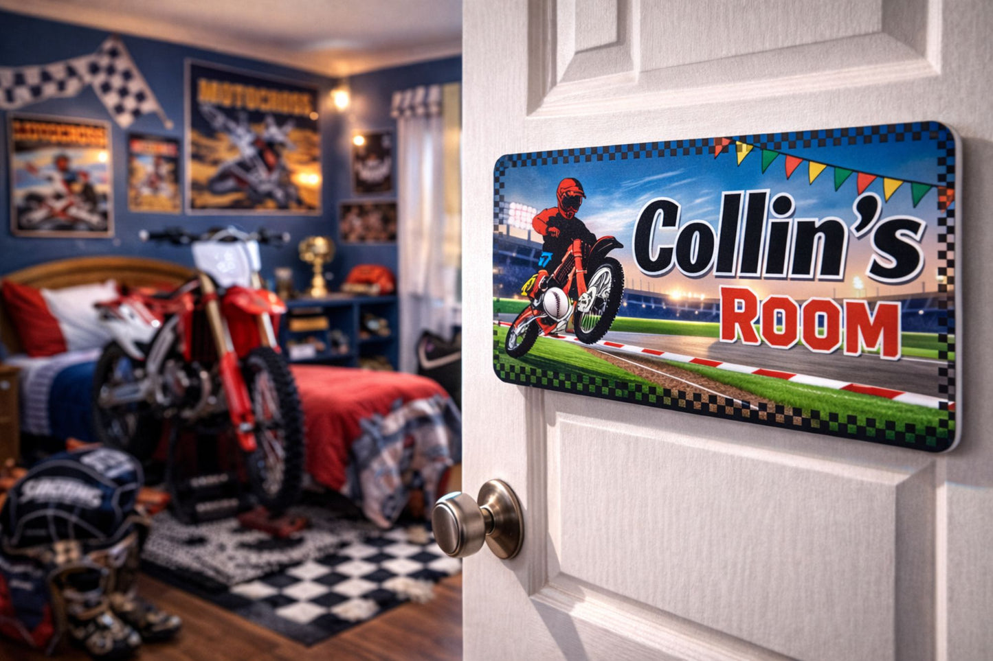Personalized dirt bike name sign mounted on kids bedroom door with motocr