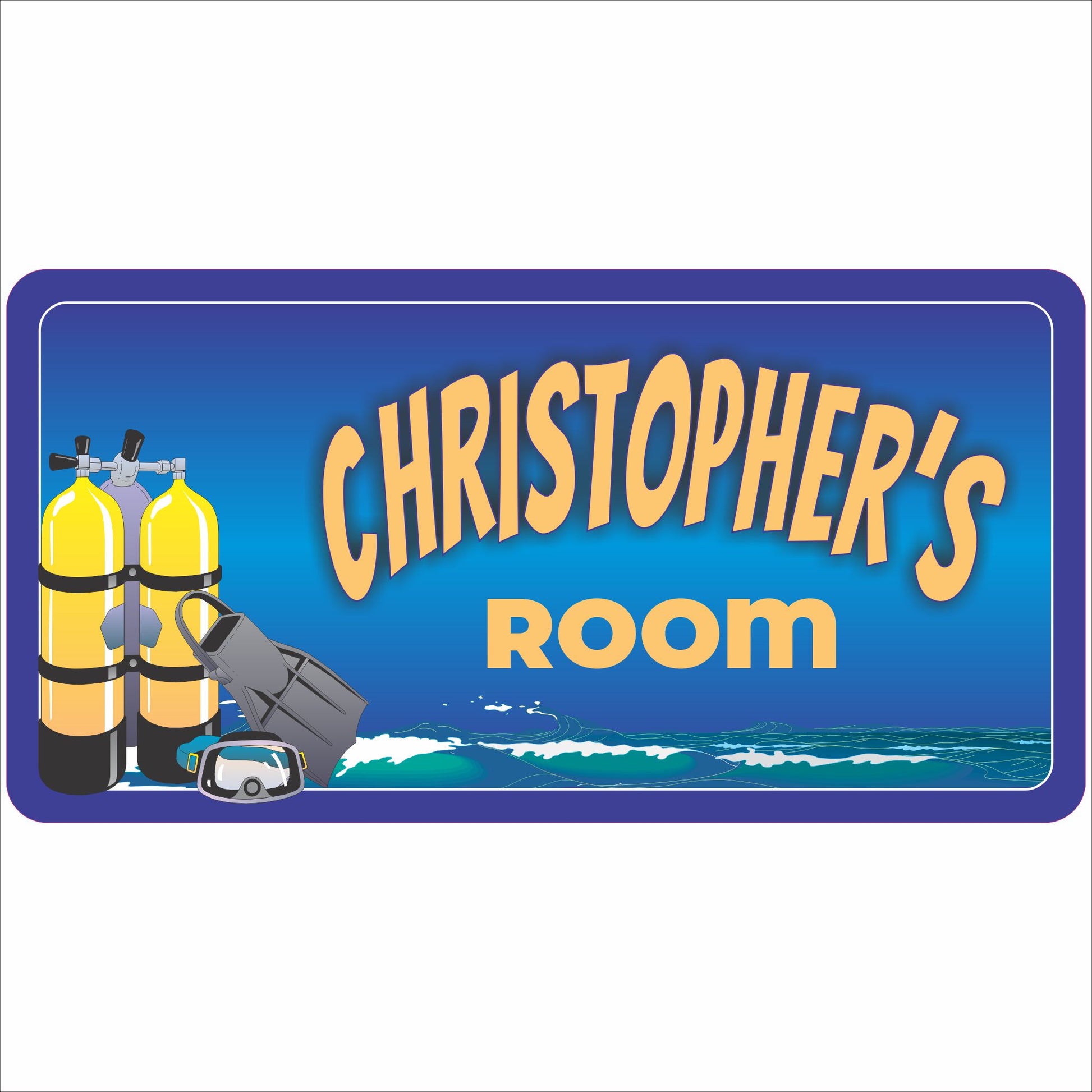 personalized scuba diving kids room sign with name on blue ocean background