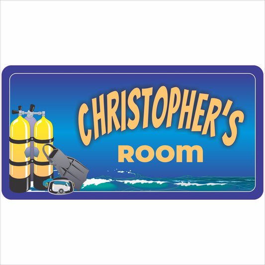 personalized scuba diving kids room sign with name on blue ocean background