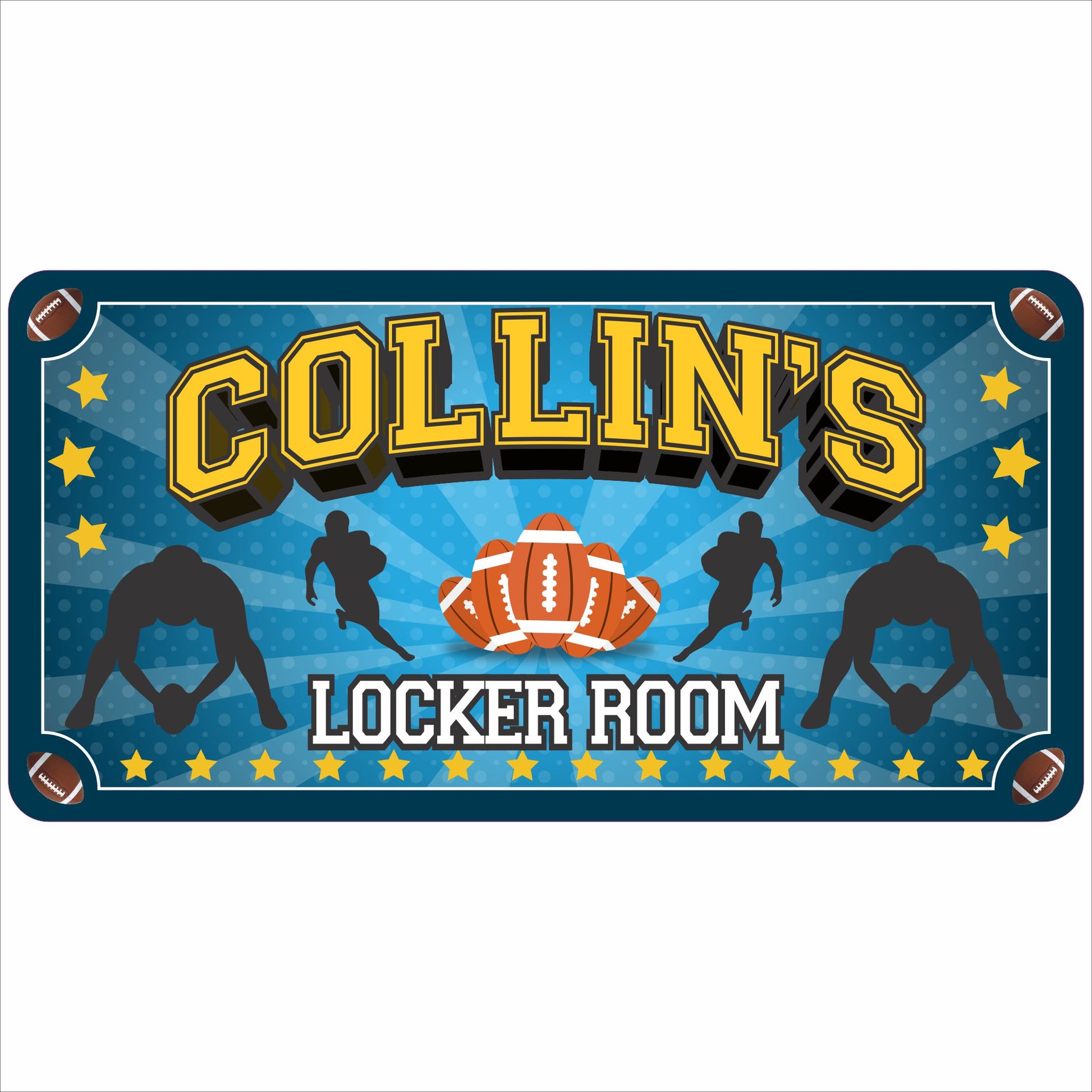personalized football locker room kids door sign with player silhouettes and stars