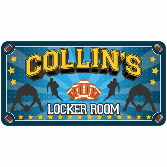 personalized football locker room kids door sign with player silhouettes and stars