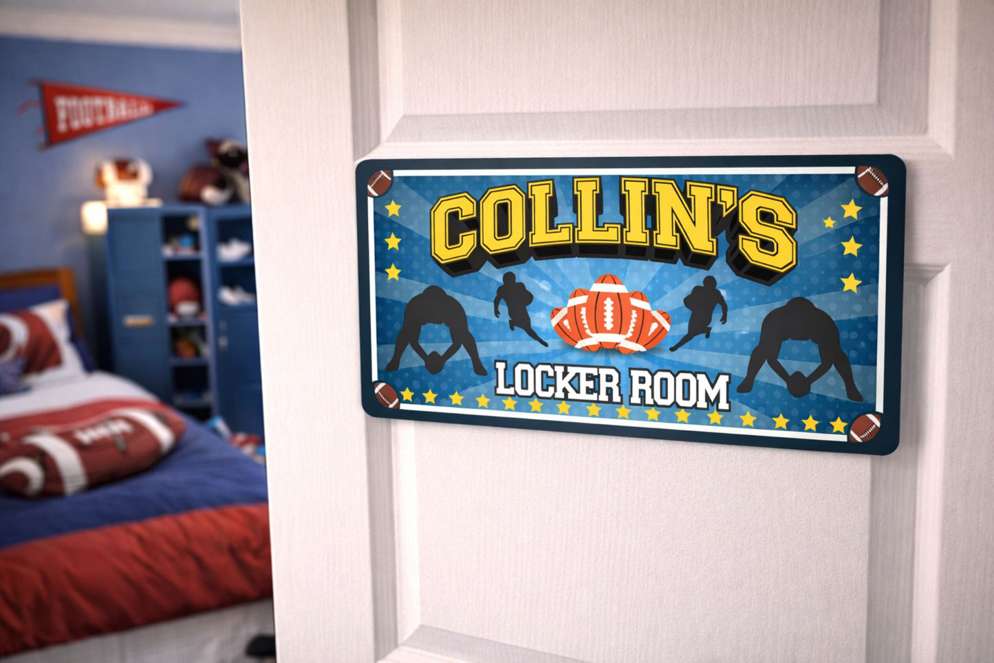 football kids room sign shown mounted on bedroom door lifestyle scene