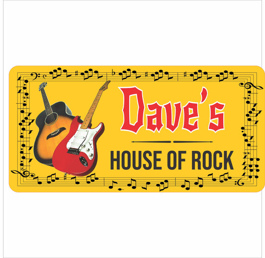 personalized kids rock star name sign with guitars and musical notes yellow background