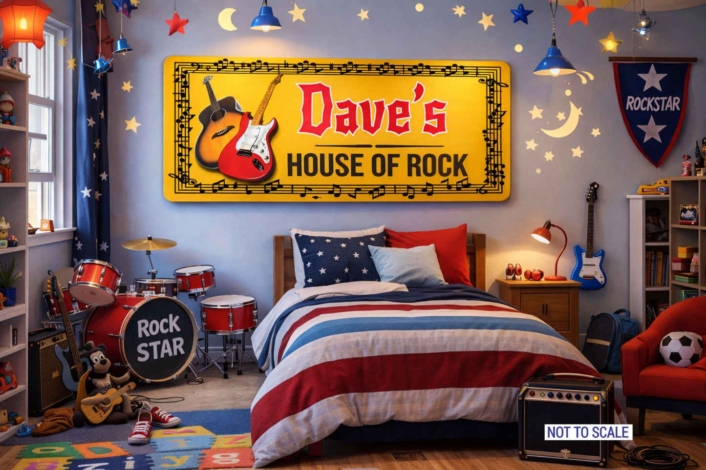 custom music themed kids bedroom sign shown in rock themed room not to scale