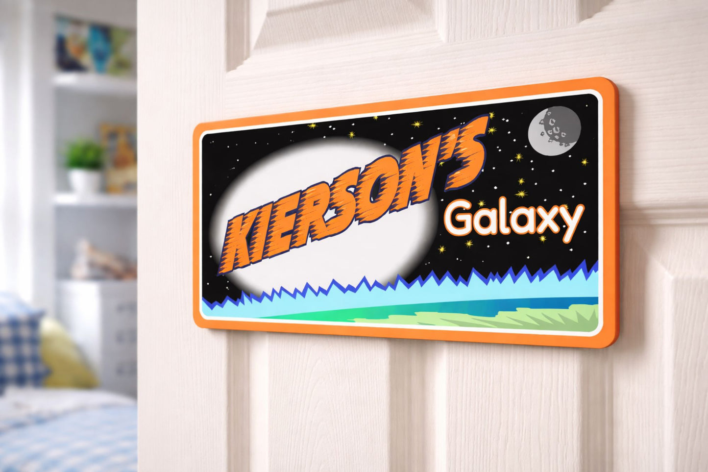 Kids galaxy name sign mounted on bedroom door