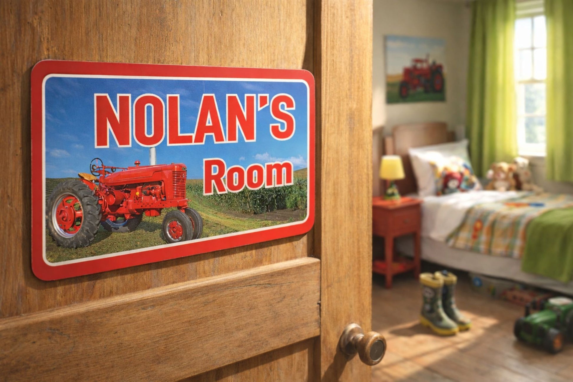 custom kids room red tractor door sign mounted lifestyle view
