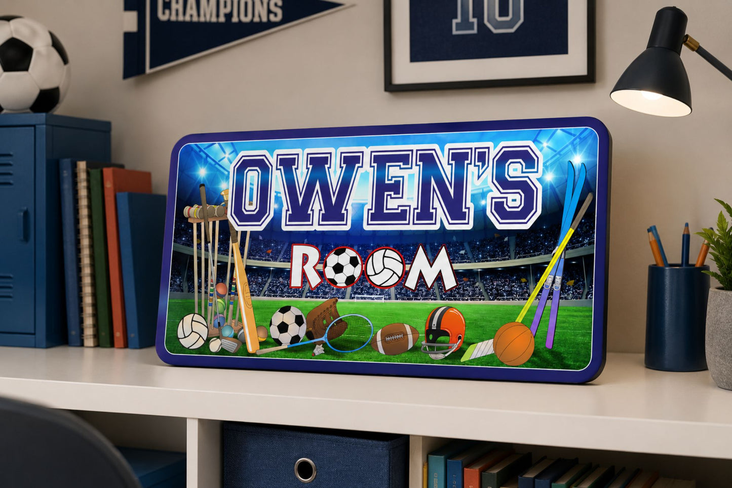 Personalized room sign with sports-themed design on a shelf.