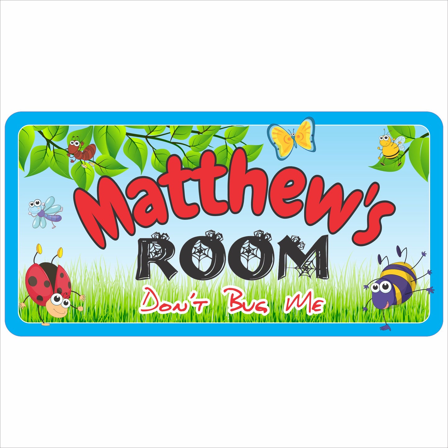personalized kids bug theme room sign with custom name on blue background