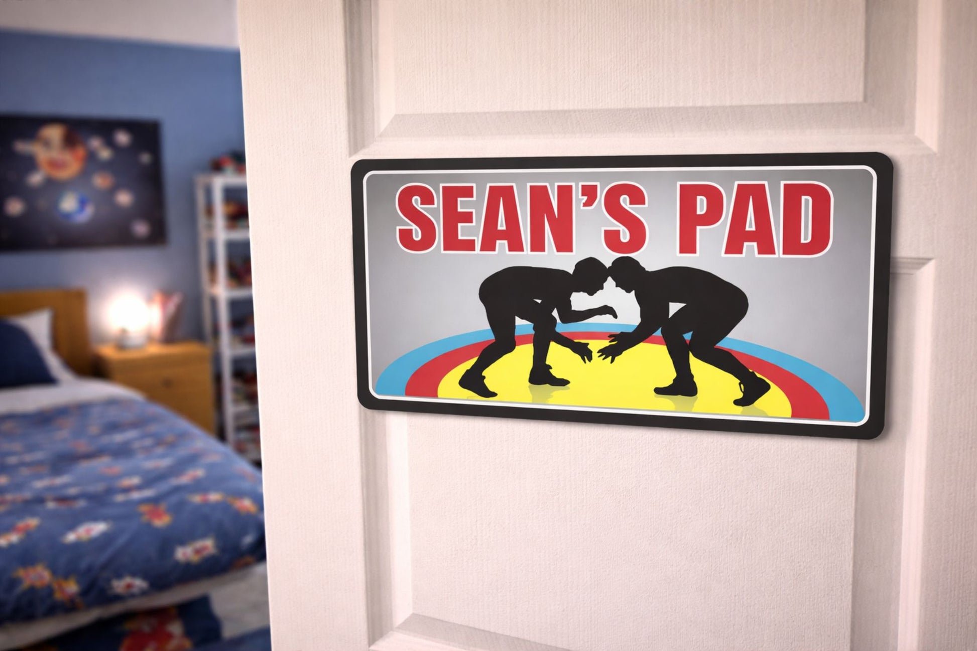 wrestling name sign shown mounted on bedroom door lifestyle scene