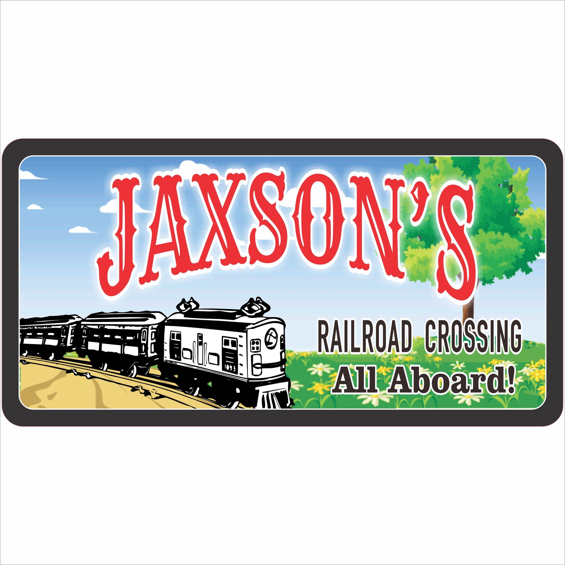 personalized train kids room sign with locomotive illustration