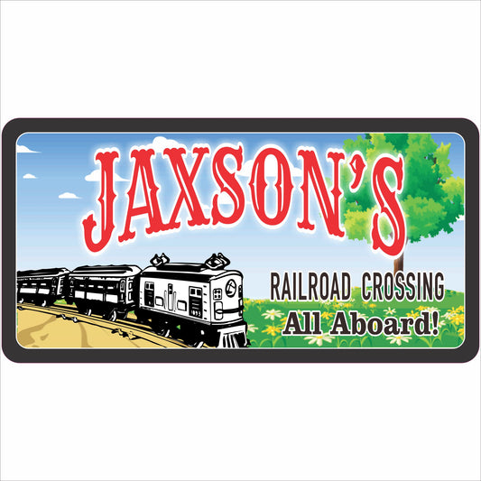personalized train kids room sign with locomotive illustration