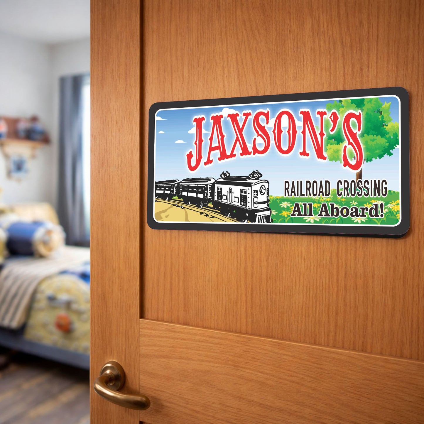 ustom railroad bedroom door sign mounted on wood door