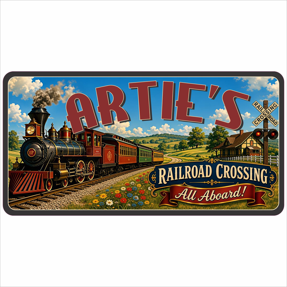 Personalized kids railroad room sign with vintage steam train, countryside scenery and railroad crossing design