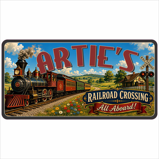 Personalized kids railroad room sign with vintage steam train, countryside scenery and railroad crossing design