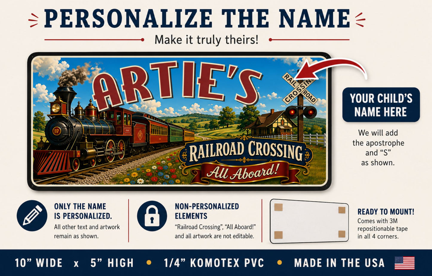 Personalization guide showing child’s name as the only editable text on the railroad room sign