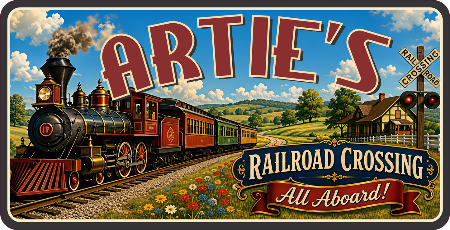 Personalized kids railroad room sign with vintage steam train, countryside scenery and railroad crossing design