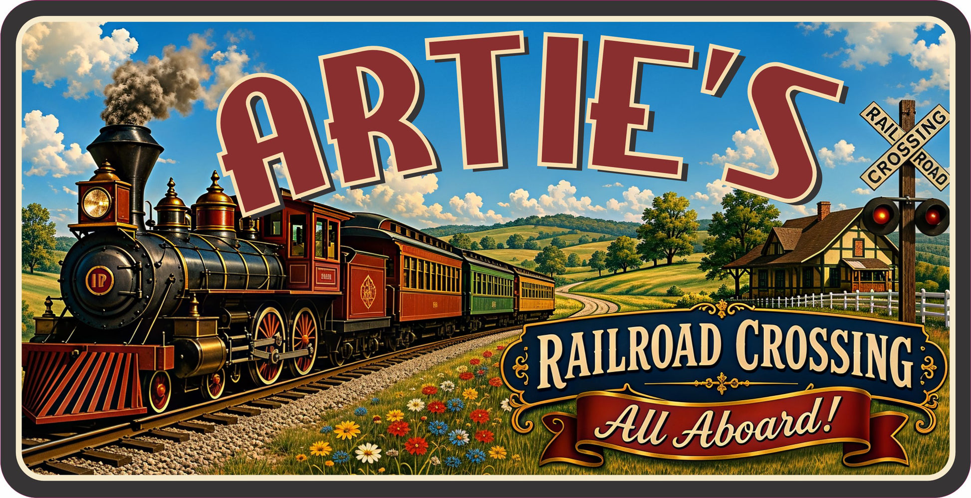 Personalized kids railroad room sign with vintage steam train, countryside scenery and railroad crossing design