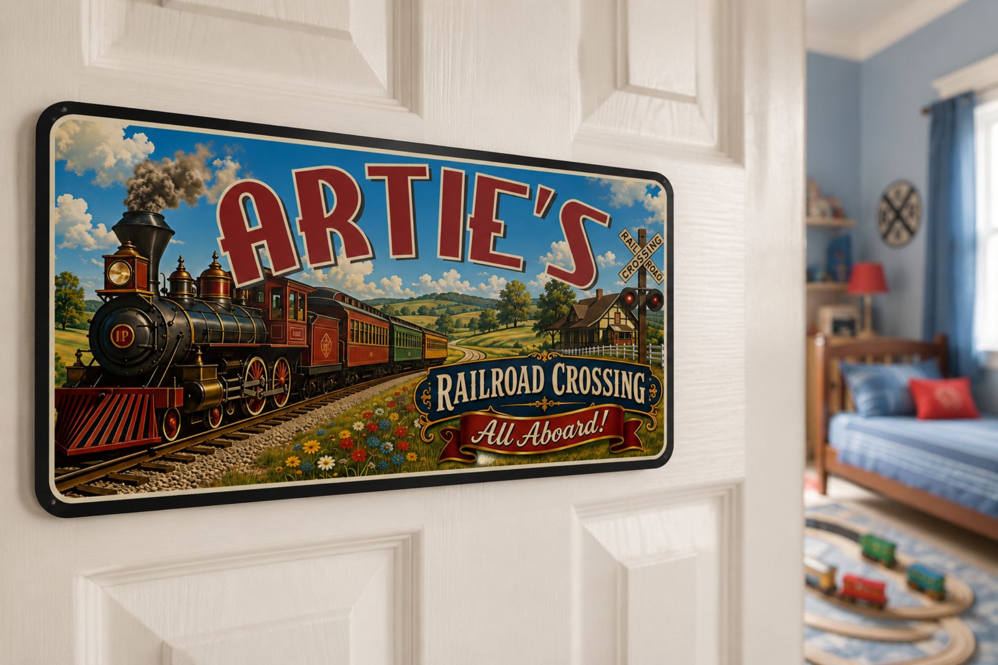 Personalized kids train sign displayed on a white bedroom door in a train-themed child’s room