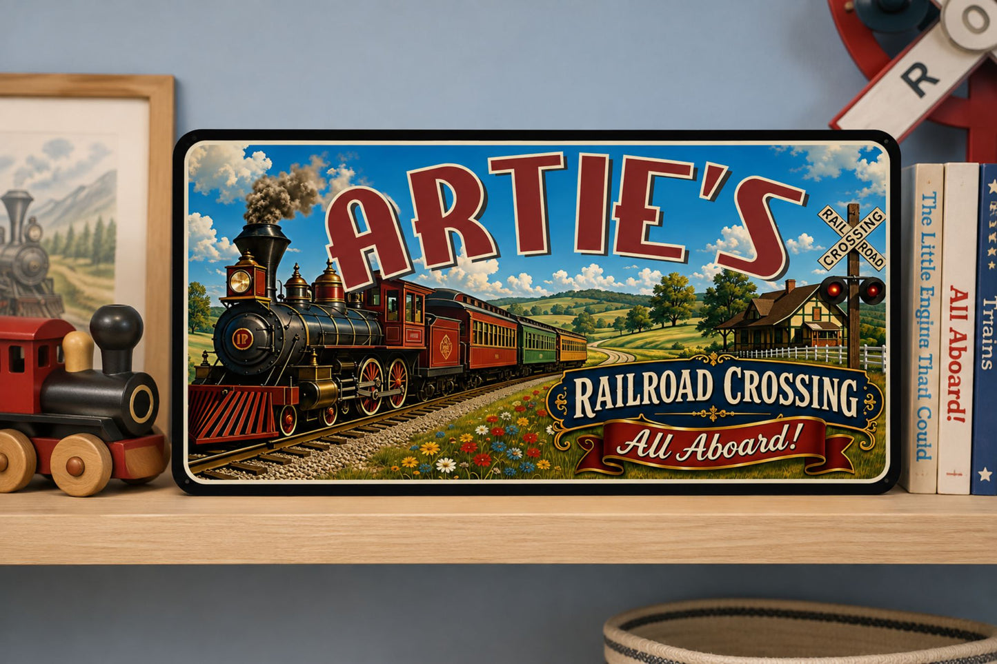 Personalized railroad name sign displayed on a shelf with train-themed kids room décor
