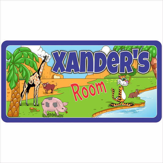personalized safari kids room sign with jungle animals and colorful background