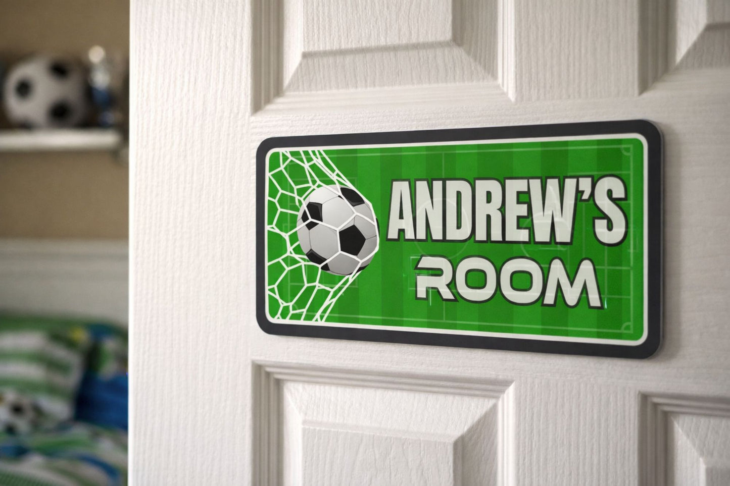 custom name soccer door sign mounted close up