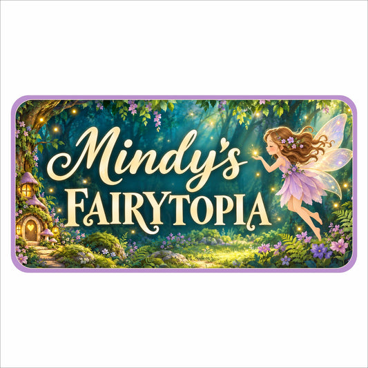 Personalized fairy door sign with cream lettering, a lavender border, enchanted woodland, glowing cottage and a fairy in a purple dress.
