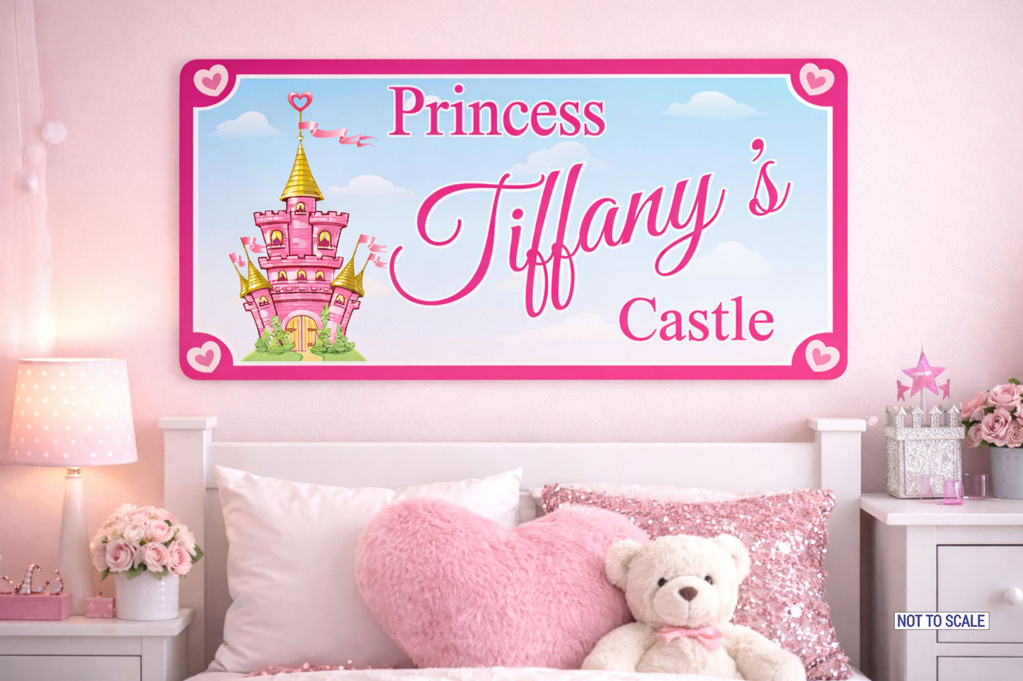 princess themed kids bedroom wall sign with castle illustration
