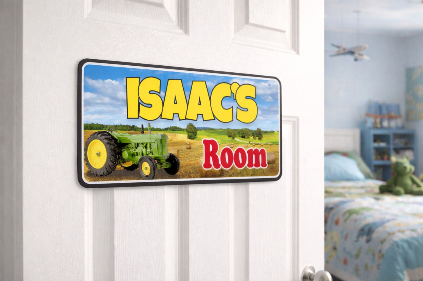Farm themed personalized kids name sign mounted on a bedroom door