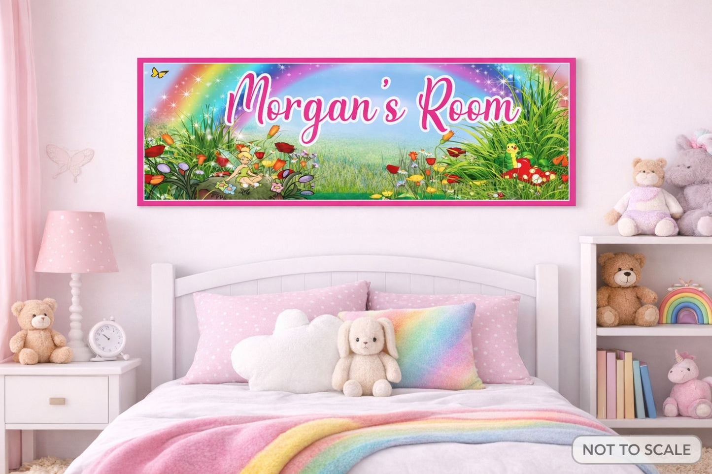 Personalized kids room wall sign reading Morgan’s Room displayed above a child’s bed in a pastel bedroom, shown not to scale