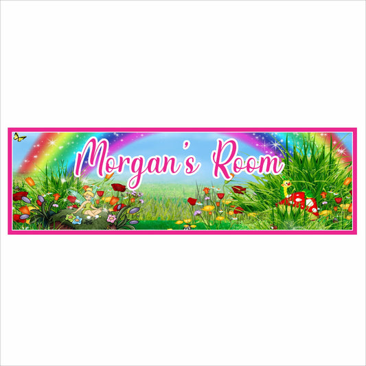 Personalized kids room wall sign reading Morgan’s Room with fairy garden illustration, rainbow, flowers, and whimsical characters